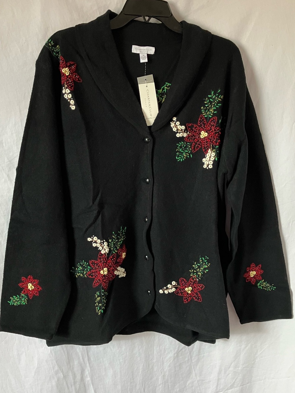 NWT Charter Club Woman Black Wool Poinsettia Beaded Christmas Cardigan Sz 2X